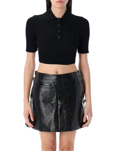Courrèges Logo Patch Ribbed-knit Cropped Polo Top In Black
