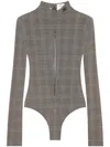 Courrèges High Neck Stretch Body With Prince Of Wales Check In Natural / Mud Brown