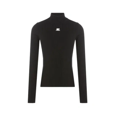 Courrèges Mockneck Rib Knit Sweater In Black