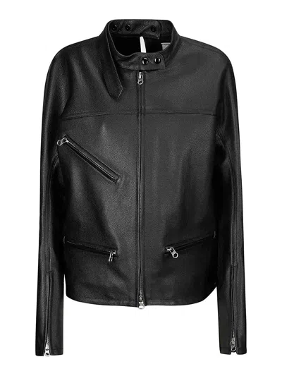 Courrèges Racer Buckle Leather Biker Jacket In Black