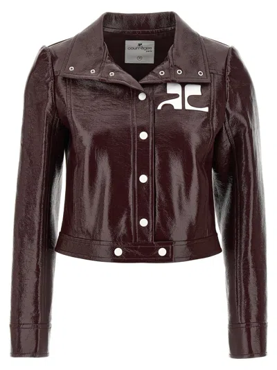 Courrèges Logo-patch Vinyl Biker Jacket In Brown