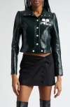 Courrèges Glossy Black Coat With High Collar And Logo Detailing In Green