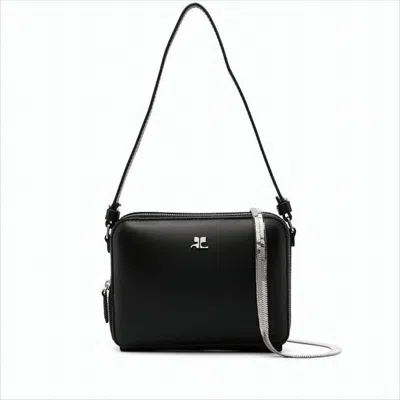 Courrèges Rectangular Black Calf Leather Clutch With Detachable Straps In White