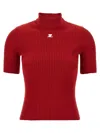 Courrèges Short Sleeve Ribbed Mock Neck Sweater In Red