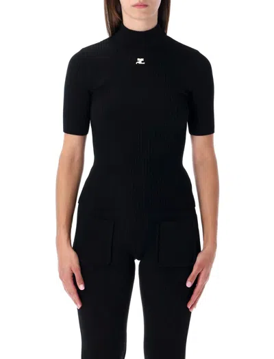 COURRÈGES COURRÈGES RED RIB-KNIT SHORT-SLEEVE SWEATER