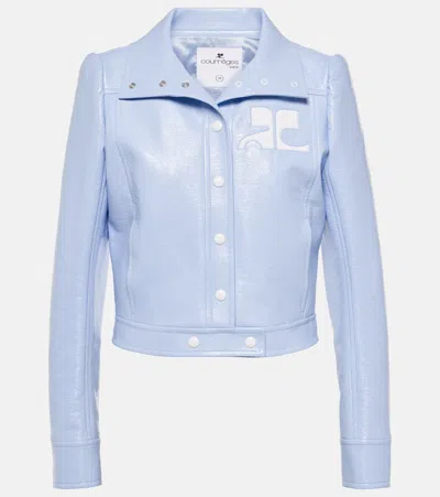 Courrèges Appliqué-logo Cropped Vinyl Jacket In Blue