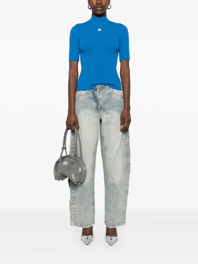 Courrèges Reedition Embroidered Ribbed Knit Top In Blue