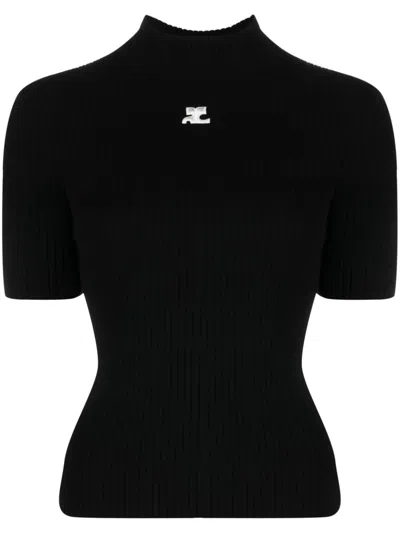 Courrèges Ac Logo Ribbed Knit Crewneck Sweater In Black