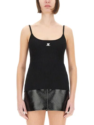Courrèges Ribbed Spaghetti Strap Top With Elegant Logo Detail And Luxurious Fabric Blend In Black