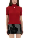 Courrèges Mock-neck Short-sleeve Rib Pullover In Red