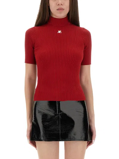 Courrèges Embroidered Ribbed-knit Top In Red