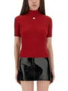 Courrèges Mock-neck Short-sleeve Rib Pullover In Red