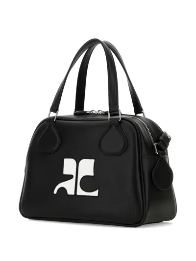 Courrèges Structured Black Calf Leather Tote Bag With Contrasting Logo