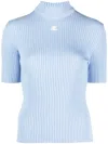 Courrèges Ribbed Turtleneck Sweater With Monogram In Blue