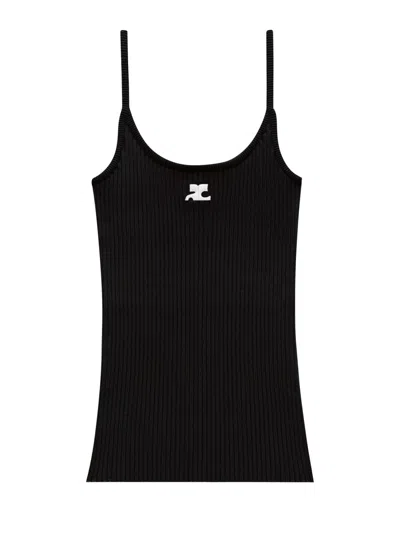 Courrèges Reedition Ribbed Viscose Scoop Neck Tank Top In Black