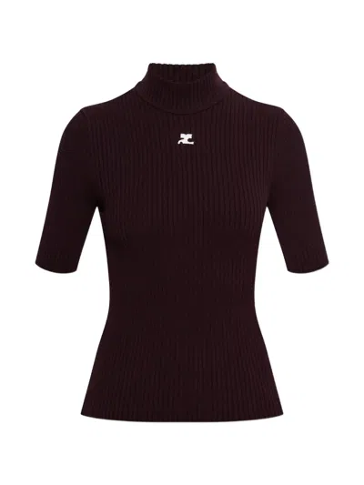 Courrèges Reedition Ribbed Logo-patch T-shirt In Burgundy