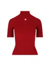 Courrèges Short Sleeve Ribbed Mock Neck Sweater In Red