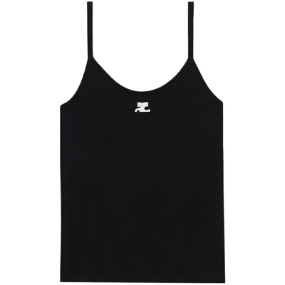 Courrèges Ribbed Spaghetti Strap Top With Elegant Logo Detail And Luxurious Fabric Blend In Black