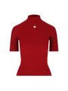 Courrèges Short Sleeve Ribbed Mock Neck Sweater In Red