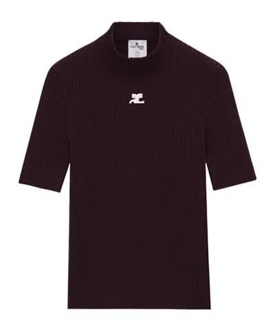 Courrèges Reedition Ribbed-knit Short-sleeve Sweater In Brown