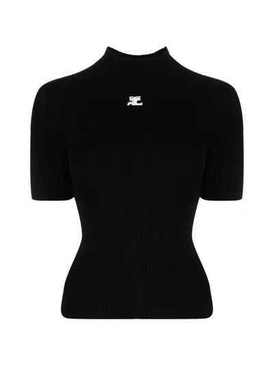 Courrèges Ac Logo Ribbed Knit Crewneck Sweater In Black