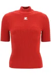 Courrèges Embroidered Logo Mock Neck Rib Sweater In Red
