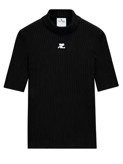 Courrèges Reedition Short Sleeves Rib Knit Sweater In Black