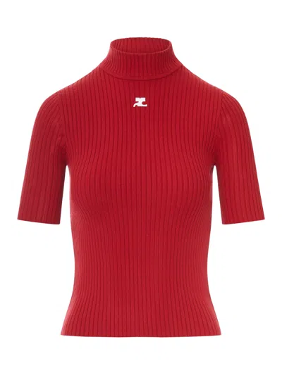 Courrèges Reedition Short Sleeves Rib Knit Sweater In Red