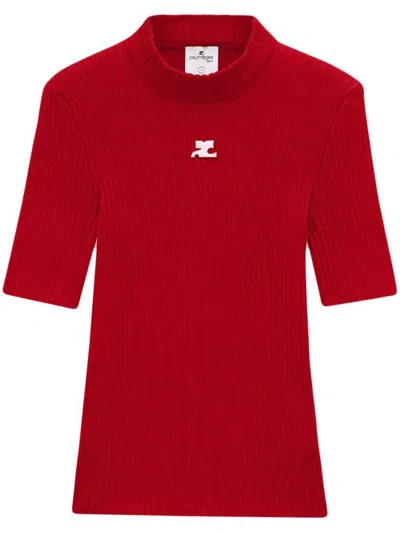 Courrèges Reedition Short Sleeves Ribbed Knitted Sweater Clothing In Red