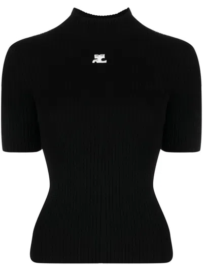 Courrèges Reedition Short Sleeves Ribbed Knitted Sweater Clothing In Black