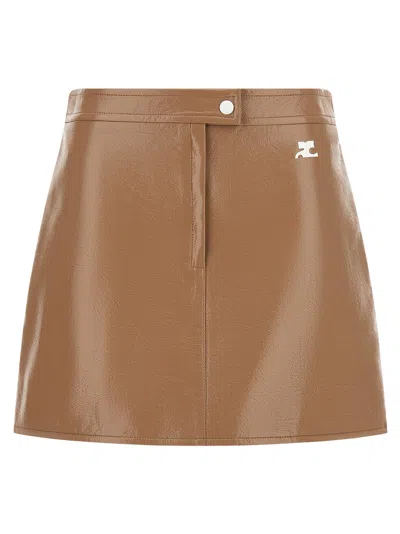 Courrèges Embroidered Logo Coated Cotton Pencil Mini Skirt In Brown
