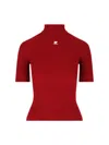Courrèges Short Sleeve Ribbed Mock Neck Sweater In Red