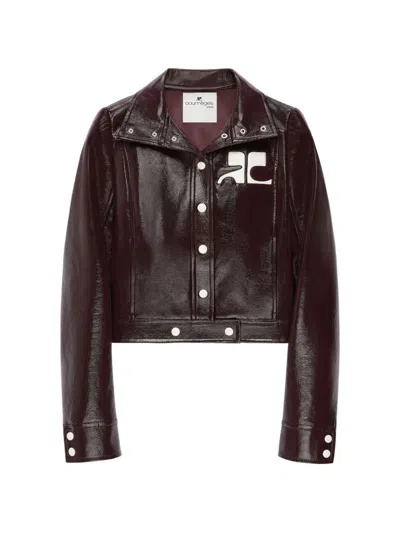 Courrèges Cropped Jacket With Glossy Finish And Logo Detail In Brown