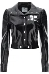 Courrèges Glossy Black Coat With High Collar And Logo Detailing In Green