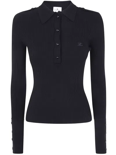 Courrèges Long Sleeve Rib Knit Polo Sweater In Black