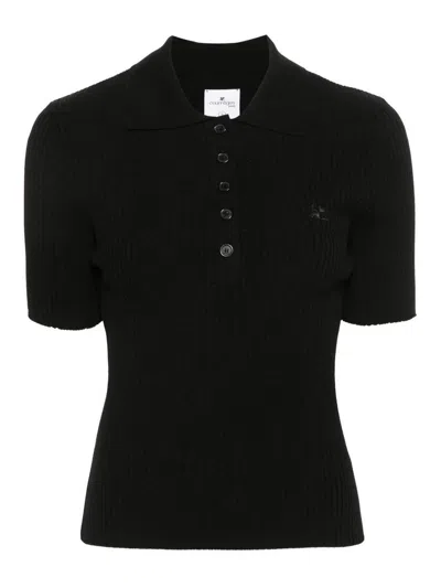 Courrèges Ribbed Short-sleeved Polo Shirt With Buttoned Placket In Black