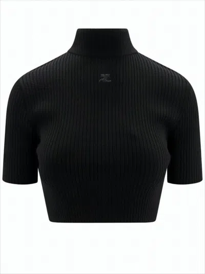 Courrèges Ribbed Black Crop Top With High Neckline