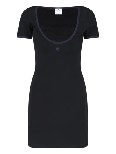 COURRÈGES RIBBED BLACK MINI DRESS WITH BLUE ACCENTS