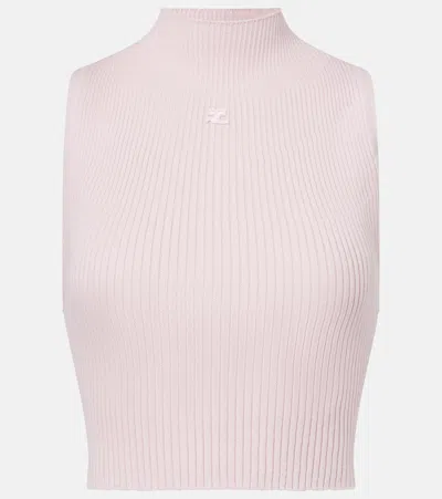 Courrèges Pink Mockneck Light Rib Cropped Tank Top In 6017 Salt Pink