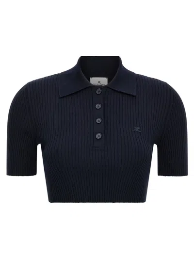 Courrèges Ribbed Crop Polo Shirt In Blue