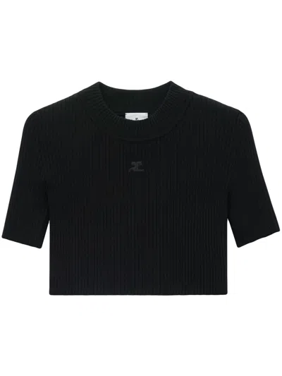 Courrèges Ribbed Cropped T-shirt In Black