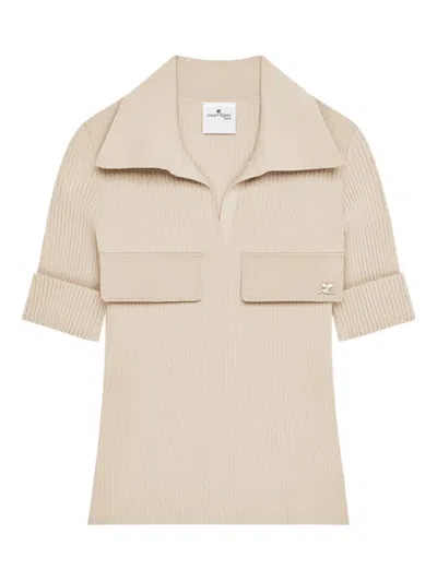 Courrèges Ribbed Flap-pocket Polo Top In Neutral