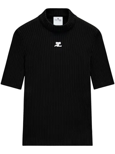 Courrèges Ribbed High Neck Black Jumper With Logo Detail