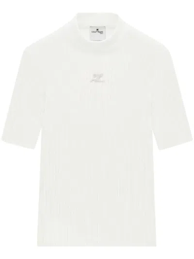 Courrèges Ribbed High Neck Short-sleeved Jumper With Subtle Logo Detail In White