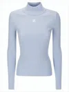 Courrèges Ribbed High Neck Sweater With Subtle Logo In Blue