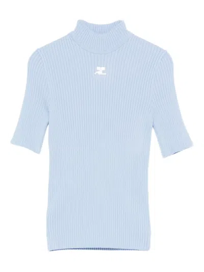 Courrèges Ribbed High-neck Top In Blue