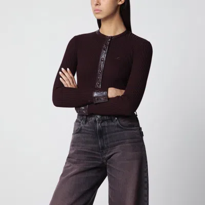 Courrèges Ribbed Knit Cardigan With Vinyl Trim In Burgundy In Brown