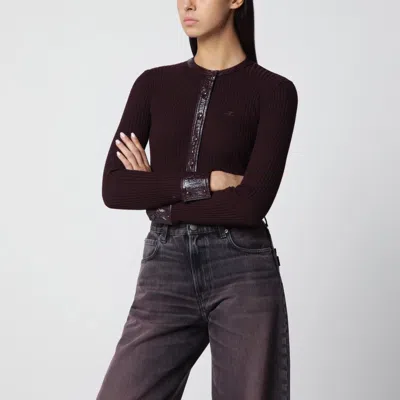 Courrèges Ribbed Knit Cardigan With Vinyl Trim In Burgundy In Brown