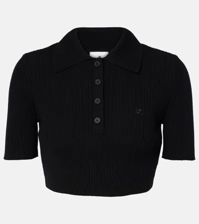 Courrèges Ribbed-knit Cropped Polo Shirt In Black