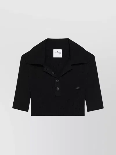 Courrèges Ribbed Knit Cropped Polo Top In Black
